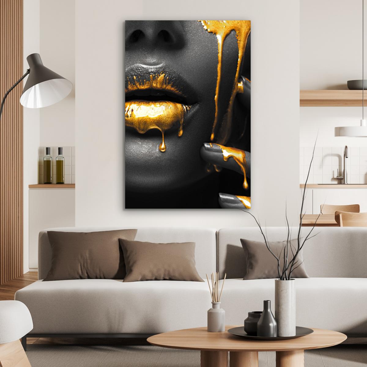 METALLBILD Frau - Schwarz - Gold - Gesicht - Lippen 80x120 cm - Goldfarben, Metall (80/120cm) - MuchoWow