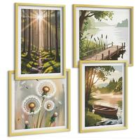 BILDER SET 4er Set - 50x50 cm & 40x60 cm Goldrahmen - Waldlandschaft, See Łódź - Goldfarben, Kunststoff (50/50cm) - TULUP