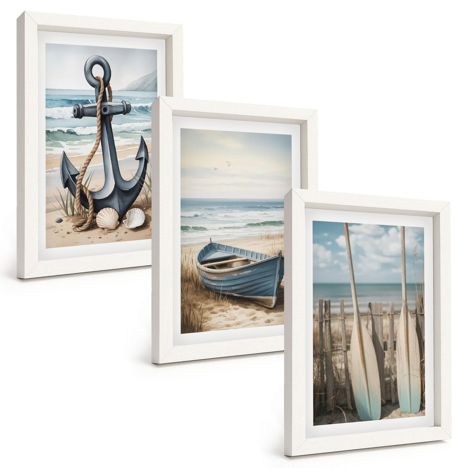 BILDER SET 3er Set - 20x30 cm Weißer Rahmen - Anker, Boot, Ruder, Strand - Weiß, Kunststoff (20/30cm) - TULUP