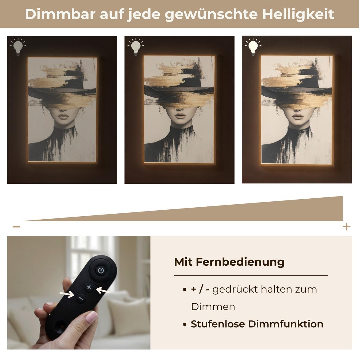 WANDLEUCHTE MIT AKKU Frau - Hut - Farbe 70x100 cm - Creme, Holzwerkstoff (70/100/8cm) - OnlyWow