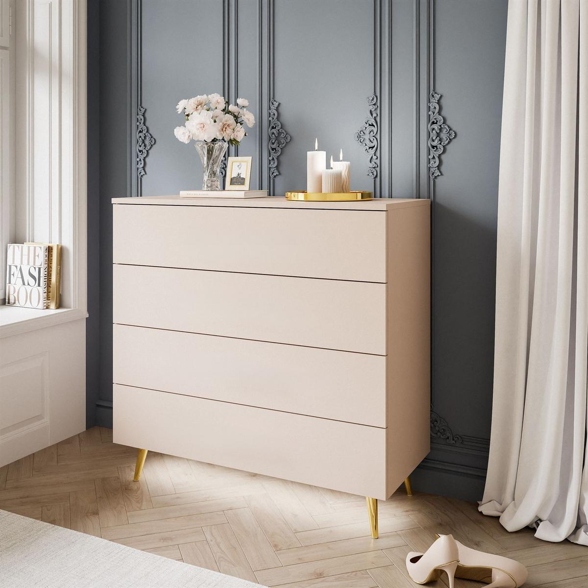 KOMMODE AURA KASCHMIR 4S mit Schubladen Goldene Beine - Kaschmir/Goldfarben, Holzwerkstoff (95/90/40cm) - Lookway