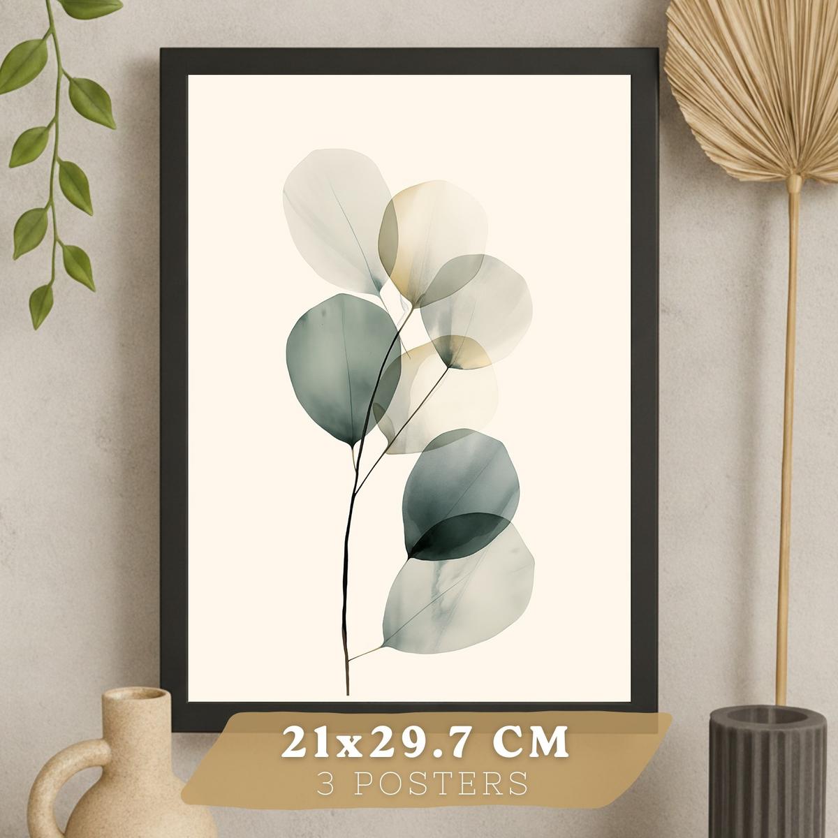 POSTER 3er Bilder-Set Wandbilder Pflanzen Minimalistisch modern Wohnzimmer Deko, Schlafzimmer, Küche, Badezimmer Schwarzer Rahmen A4 - Schwarz, Papier (29.7/1/21cm) - Nacnic
