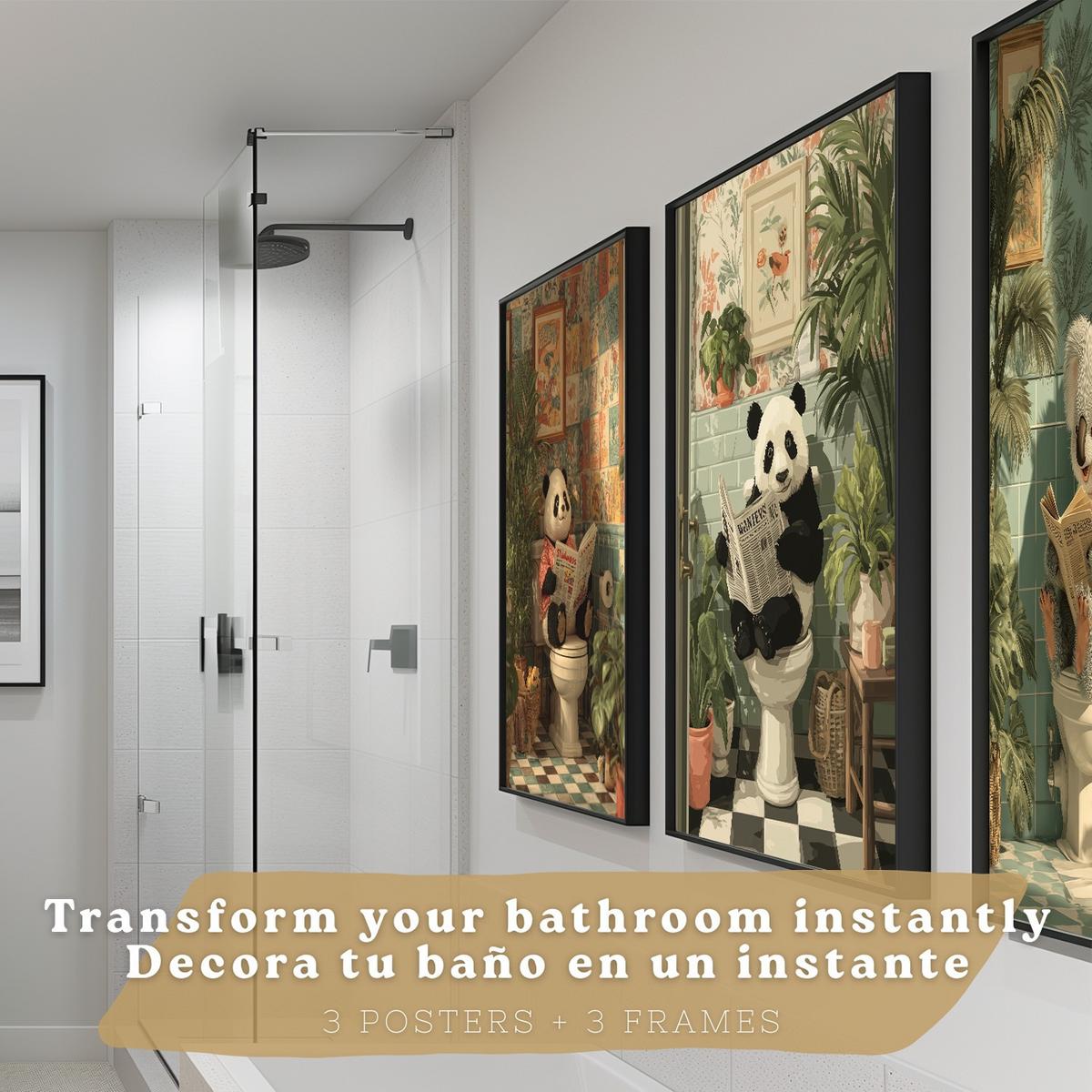 POSTER 3er-Set lustige Badezimmer-Drucke, Panda- und Koala-Tiermotive für Toilette, witziges für Toilette, Vintage-Botanik-Stil Schwarzer Rahmen A3 - Schwarz, Papier (42/29.7/3cm) - Nacnic