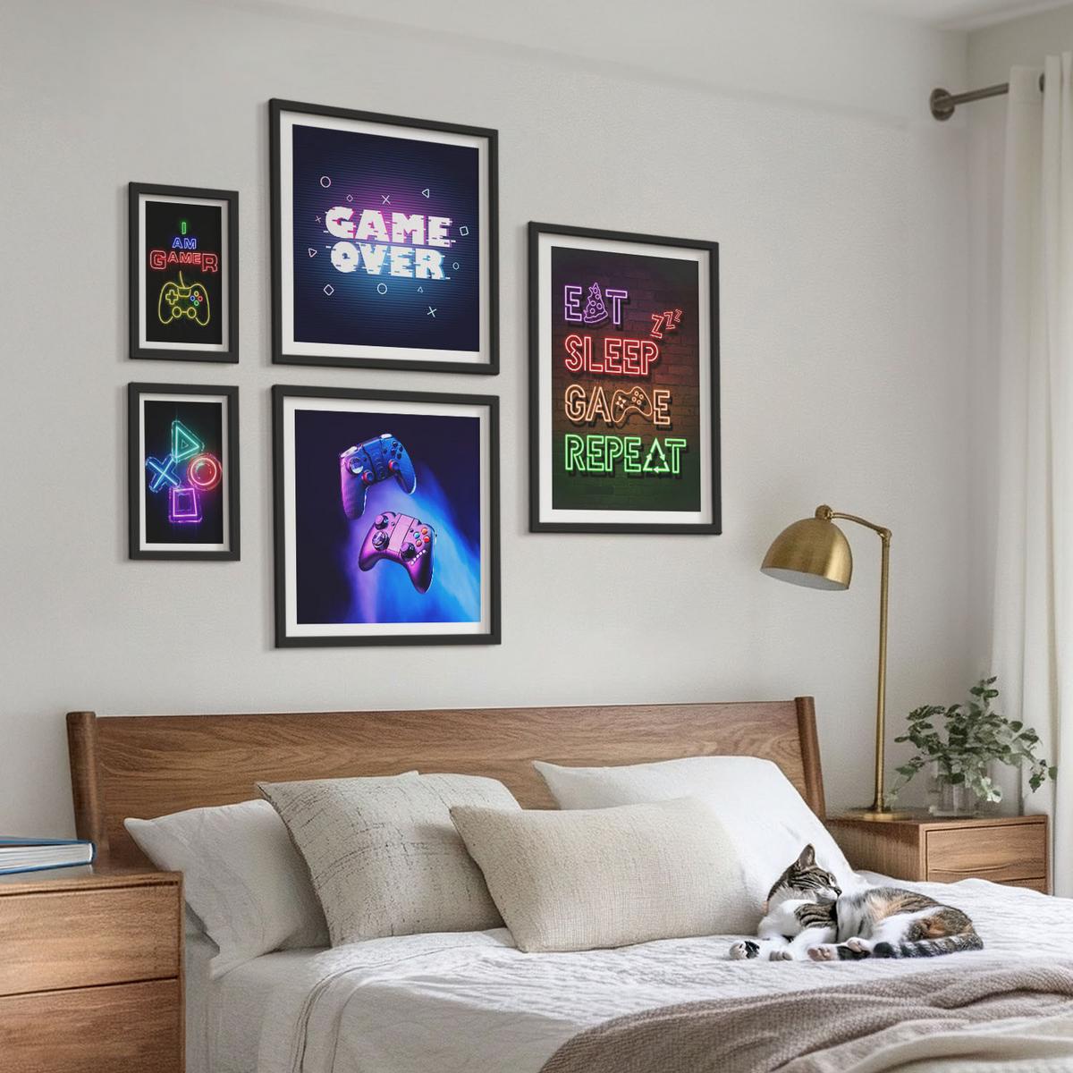 BILDER SET 5er Set - 50x50 cm & 20x30 cm & 40x60 cm Schwarzer Rahmen - Gamepads, Spielersymbol-Untertitel - Schwarz, Kunststoff (40/60cm) - TULUP