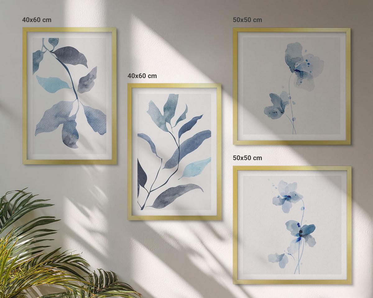 BILDER SET 4er Set - 50x50 cm & 40x60 cm Goldrahmen - Aquarell von blauen Blättern - Goldfarben, Kunststoff (50/50cm) - TULUP