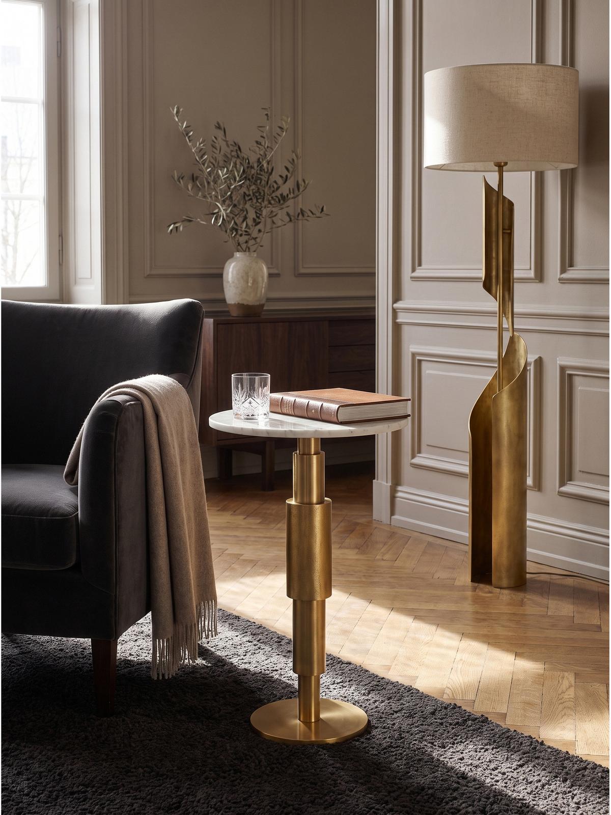 BEISTELLTISCH ESLA, Marmor, handgefertigt, Weiß-Gold, Ø 37 x 59 cm - Goldfarben/Weiß, Stein/Metall (37/37/59cm) - KADIMA DESIGN