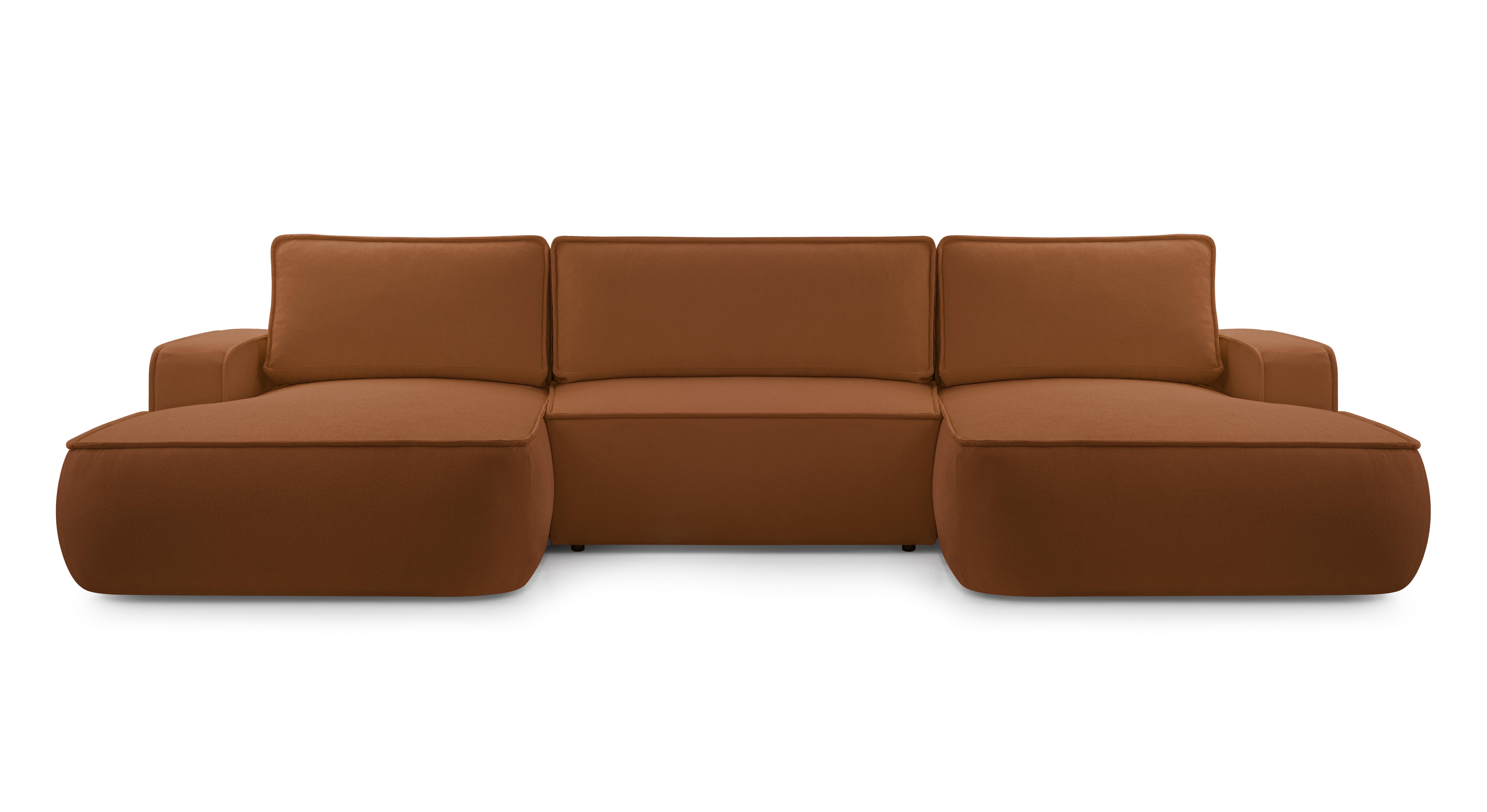 WOHNLANDSCHAFT SOLO Orange Boucle-Stoff mit Schlaffunktion - Orange, Holz (364/87/168cm) - MASSENO