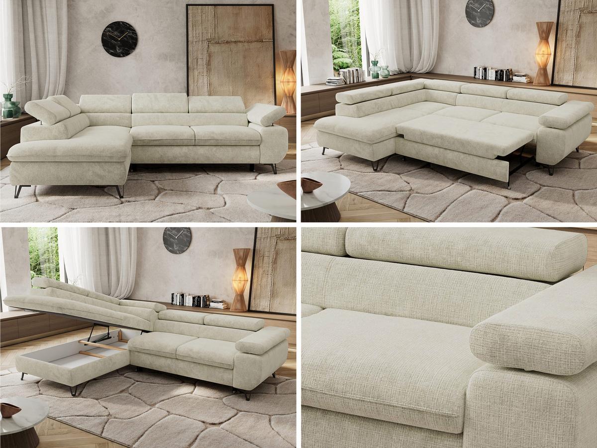 ECKSOFA PABLO L Creme Schenille grob gewebt - Links Seite - Creme/Schwarz, Textil/Metall (208/273cm) - MKS