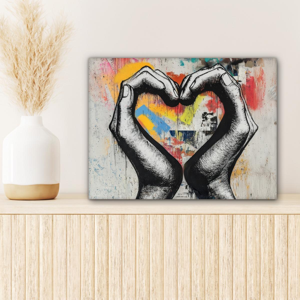 LEINWANDBILD Hände - Herz - Straßenkunst - Graffiti Wandbild 40x30 cm - Multicolor, Textil (40/30cm) - MuchoWow