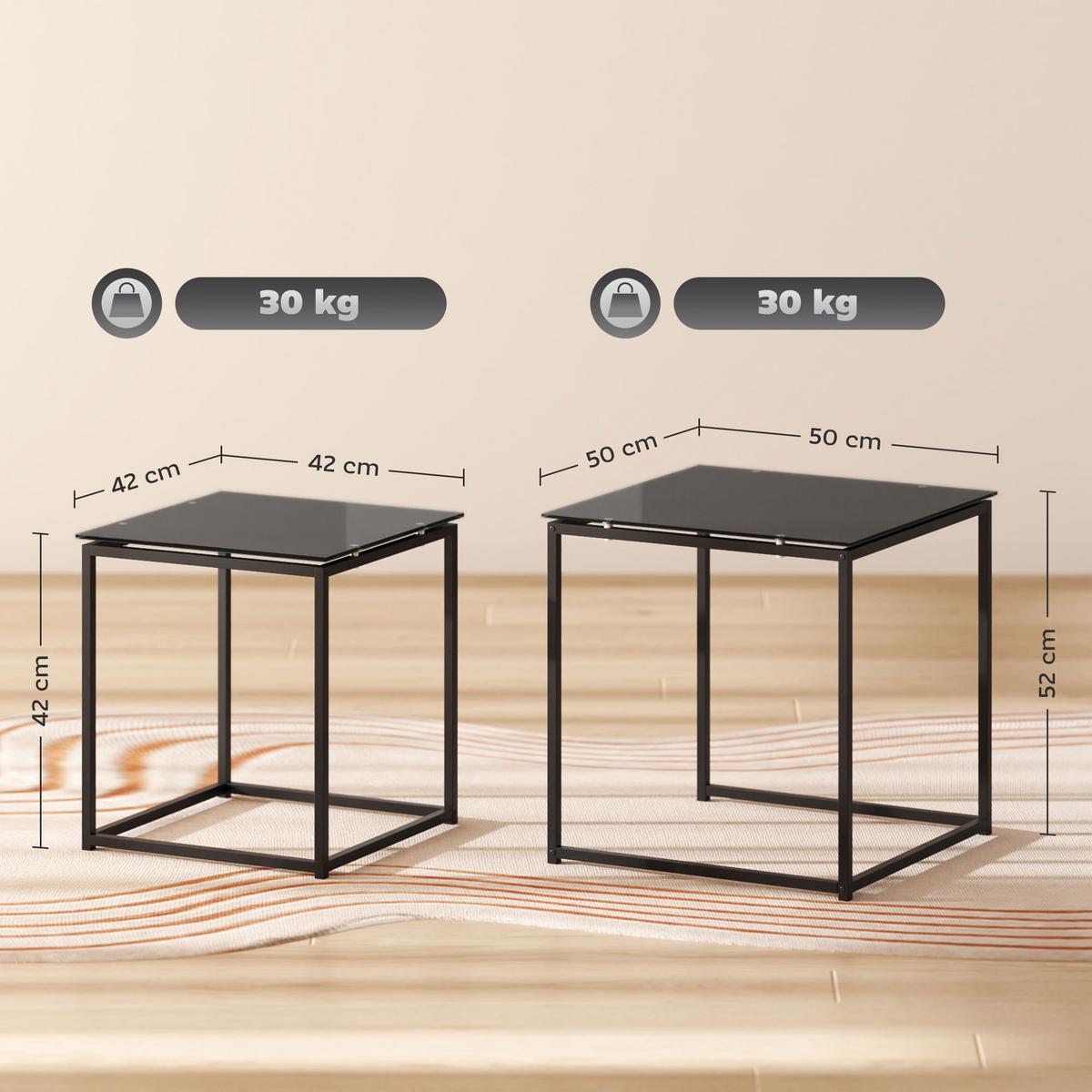 BEISTELLTISCH-SET, Stahl, Glas, Schwarz - Schwarz, Metall (50/50/52cm) - HOMCOM