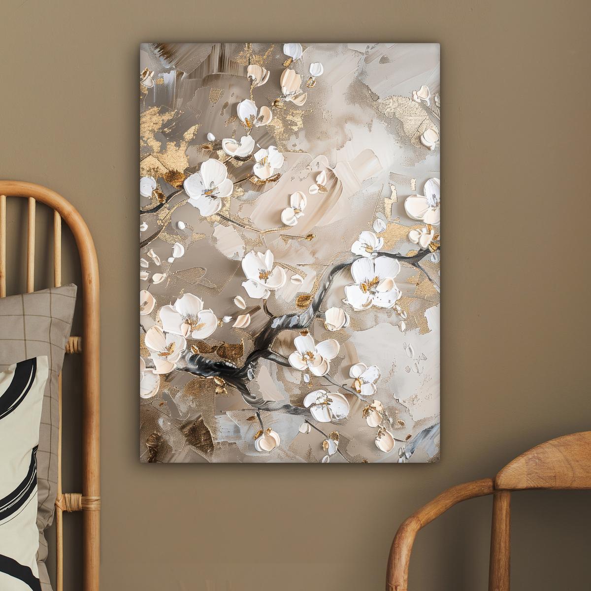 LEINWANDBILD Blumen - Weiß - Gold - Beige - Luxus Wandbild Wohnzimmer 60x80 cm - Greige, Textil (60/80cm) - MuchoWow