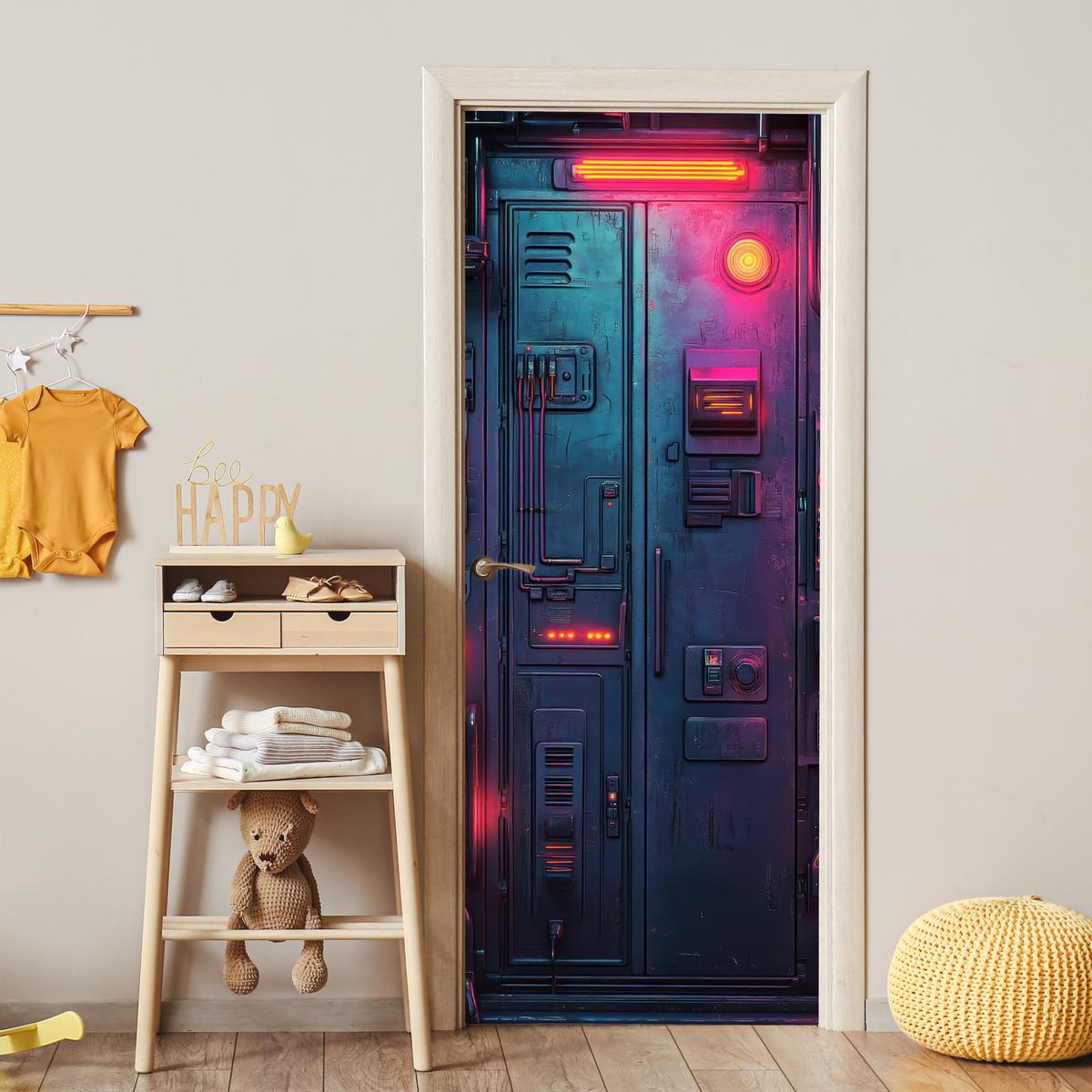 TÜRAUFKLEBER Tür - Futuristisch - Blau - Rosa - Neon 85x215 cm - Türtapete - Anthrazit, Kunststoff (85/0.1cm) - MuchoWow