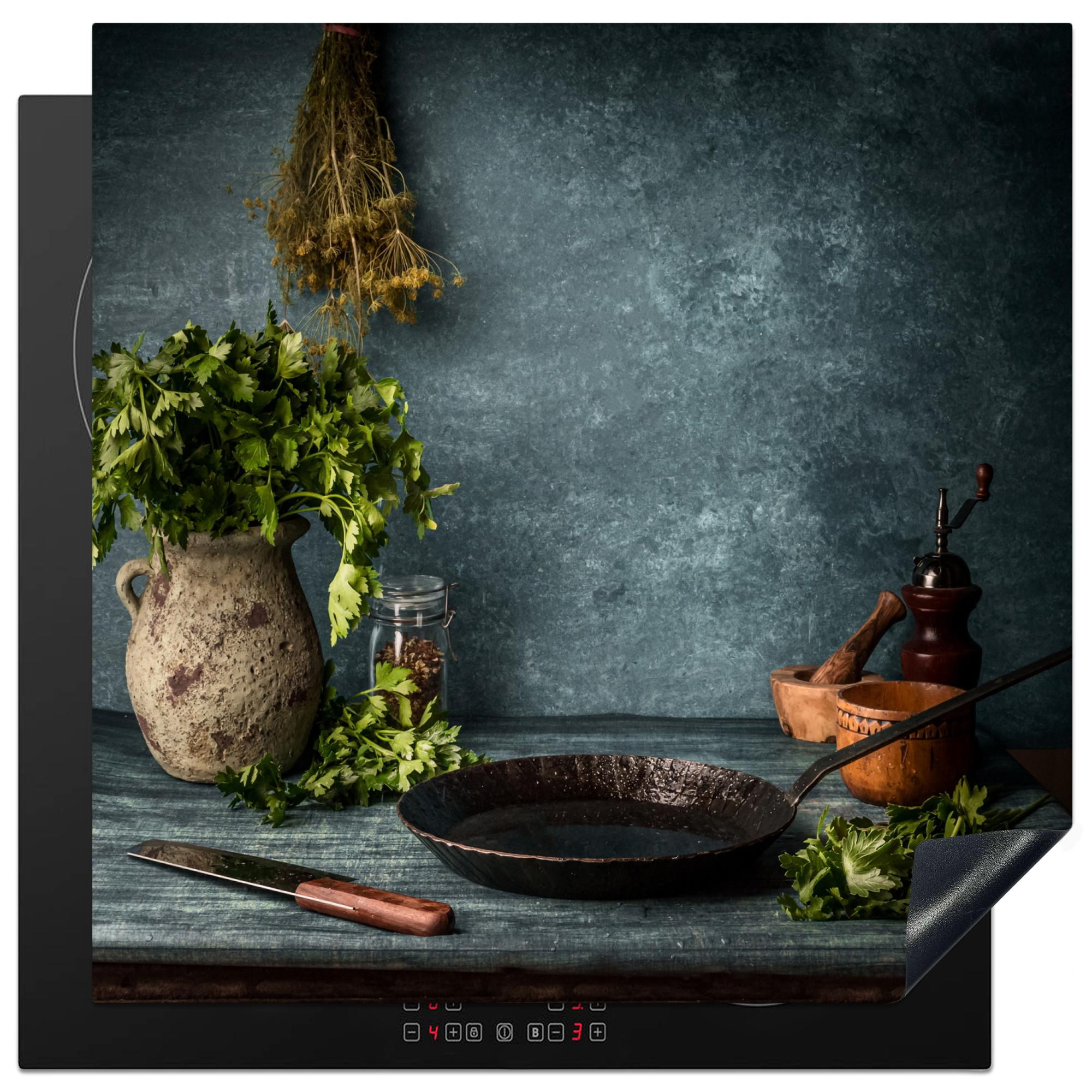 HERDABDECKPLATTE Kräuter - Gewürze - Pfanne - Messer - Grau - Rustikal Induktionsmatte 78x78 cm - Petrol, Kunststoff (78/78/0.2cm) - MuchoWow