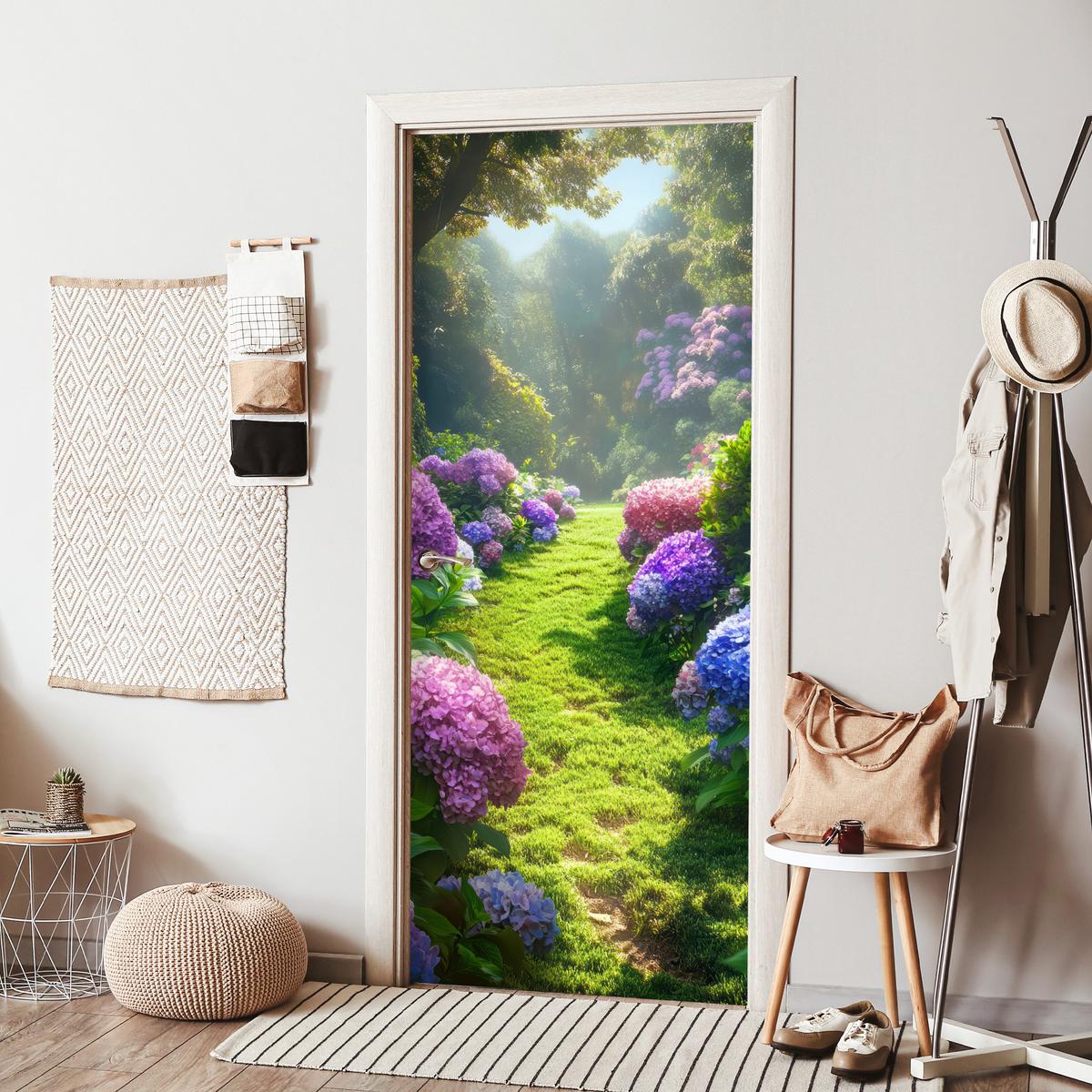 TÜRAUFKLEBER Natur - Hortensie - Blumen - Grün 90x215 cm - Türtapete - Hellgrün, Kunststoff (90/0.1cm) - MuchoWow
