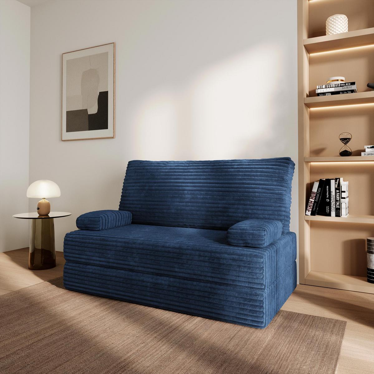 BETTSOFA LADIA aus Schaumstoff Kordstoff Blau Schlaffunktion - Blau, Textil (140/86/60cm) - MASSENO