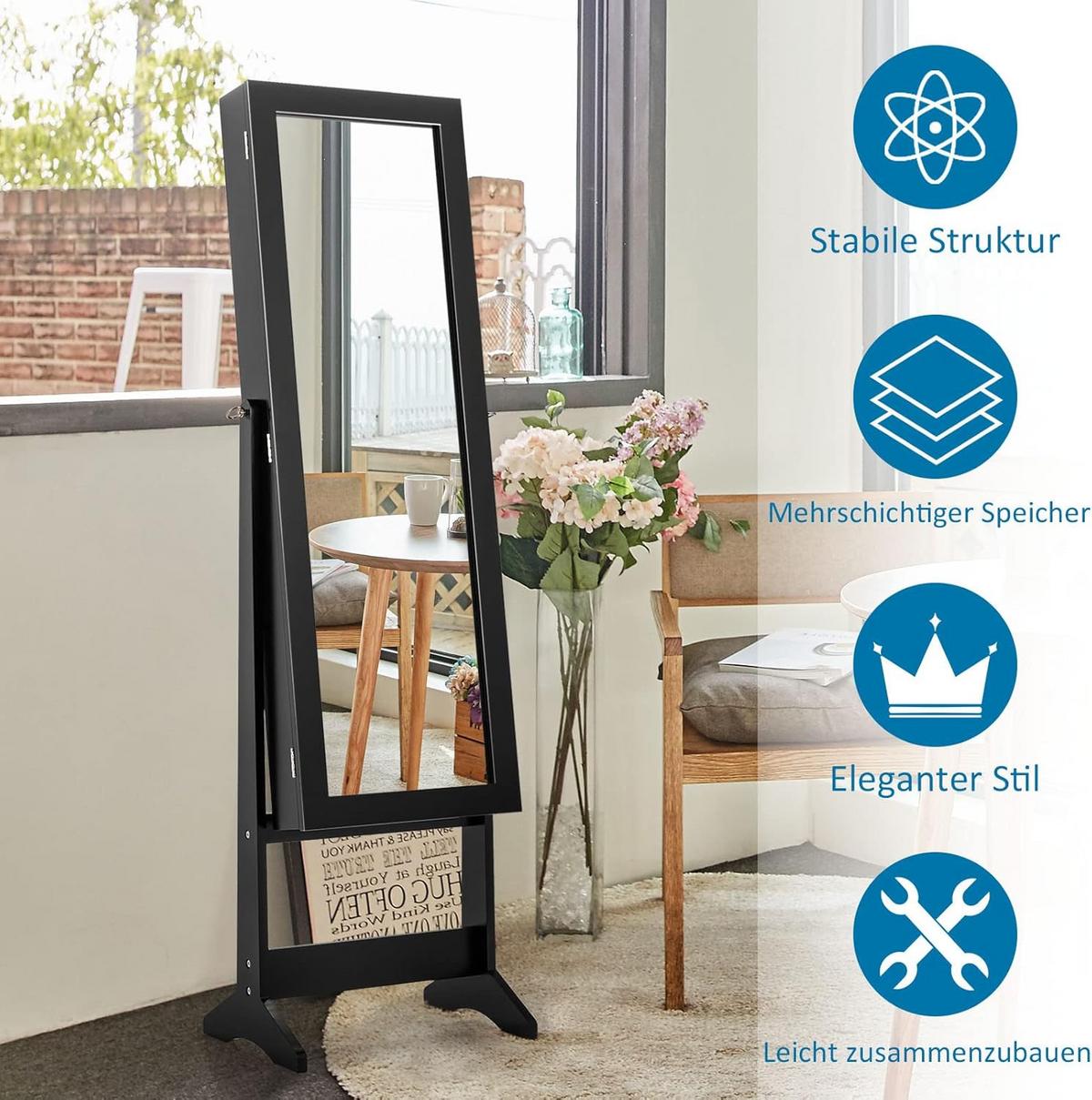 SCHMUCKSCHRANK neigungsverstellbar Schwarz - Schwarz, Holz (35/144/30cm) - COSTWAY