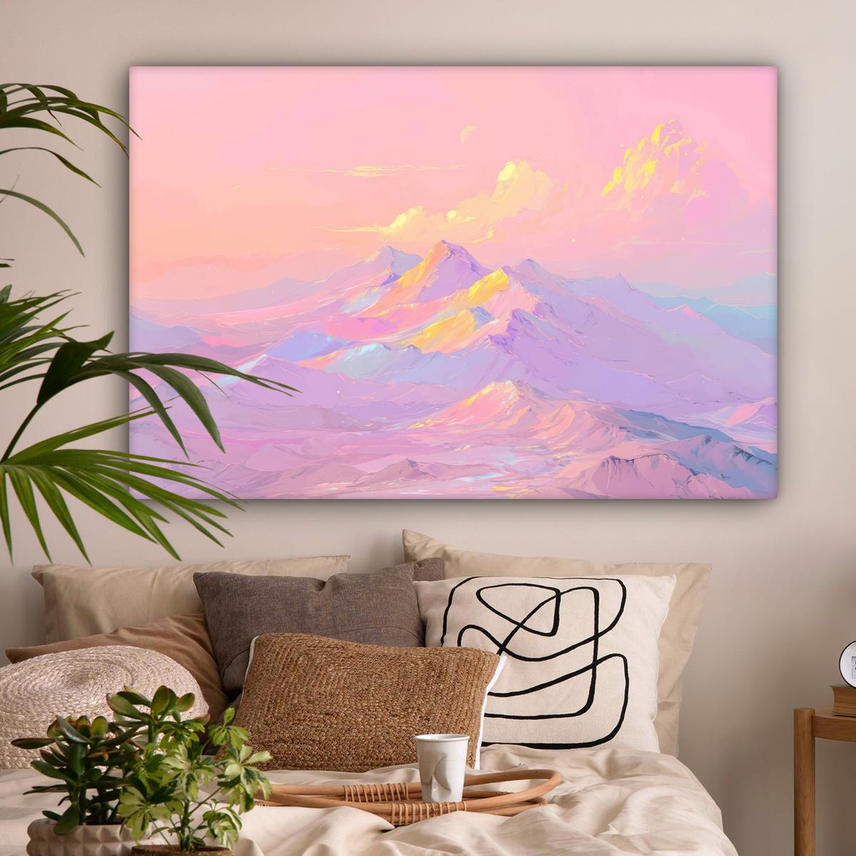LEINWANDBILD Berggipfel - Wolken - Verträumt Wohnzimmer Groß 120x80 cm - Hellrosa, Textil (120/80cm) - MuchoWow