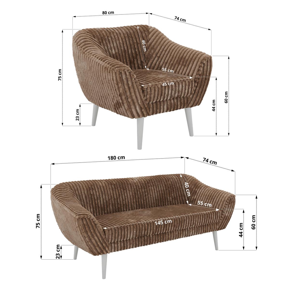 SITZGARNITUR PIRS 3+1+1 - Braun Cord - Weiße Beine - Braun/Weiß, Holzwerkstoff/Textil (180/75/74cm) - MKS