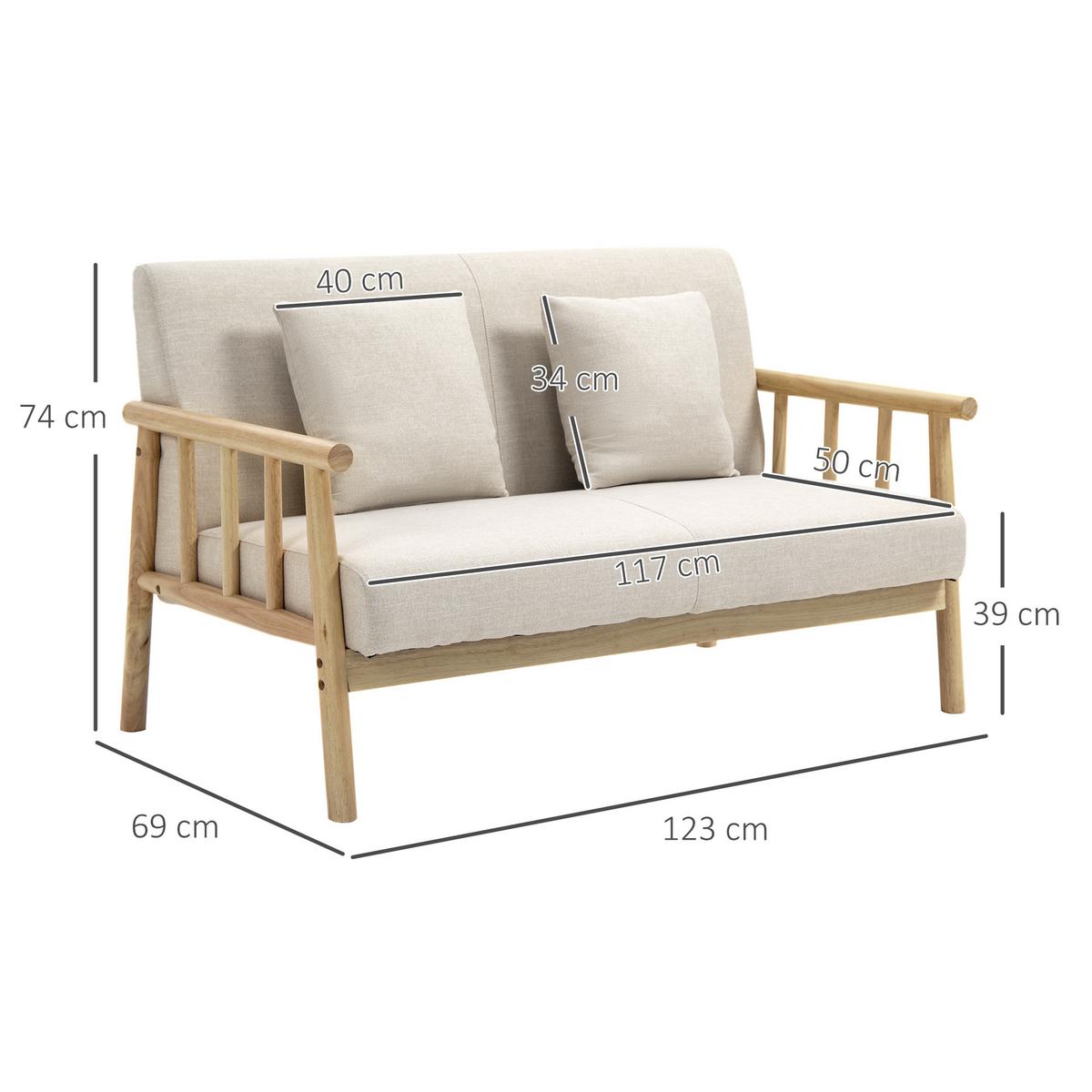 2 Sitzer Sofa, Couch mit 2 Lendenkissen, Leinenoptik für kleine Räume Beige - Beige, Kunststoff (69/74/123cm) - HOMCOM