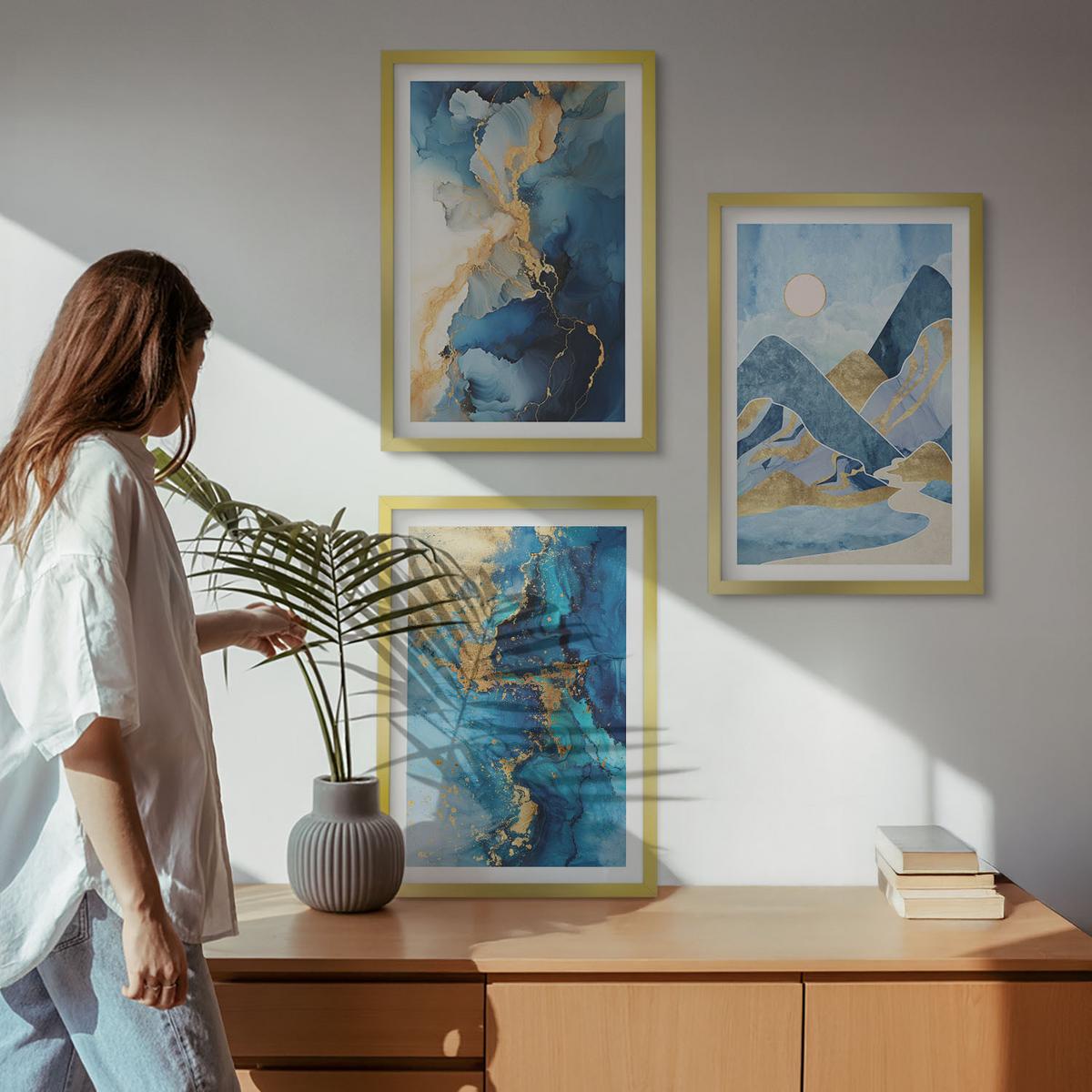 BILDER SET 3er Set - 40x60 cm Goldrahmen - Abstrakte Muster der Blue Mountains - Goldfarben, Kunststoff (40/60cm) - TULUP