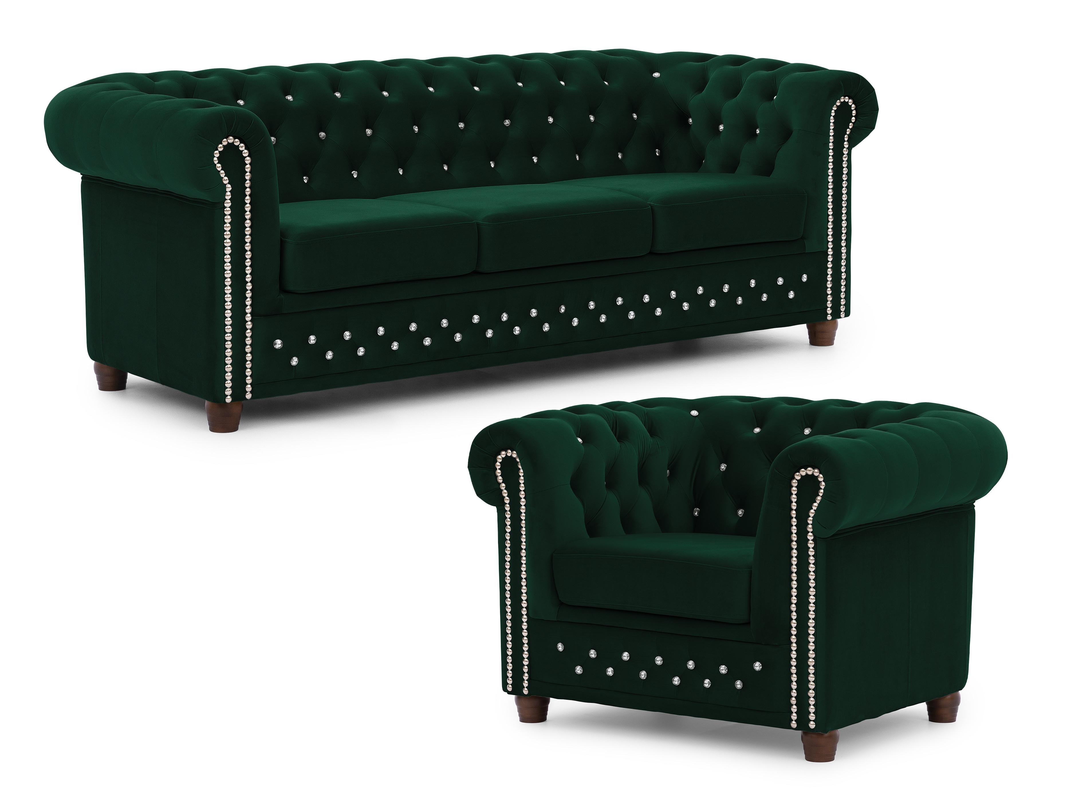 SITZGARNITUR 3+1 Chesterfield Cleo Blink Flasche Grün Samt mit Kristallsteppung und braunen Massivholzfüßen - Braun/Grün, Holz/Textil (203/72/86cm) - S-Style Möbel