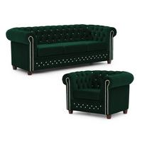 SITZGARNITUR 3+1 Chesterfield Cleo Blink Flasche Grün Samt mit Kristallsteppung und braunen Massivholzfüßen - Braun/Grün, Holz/Textil (203/72/86cm) - S-Style Möbel