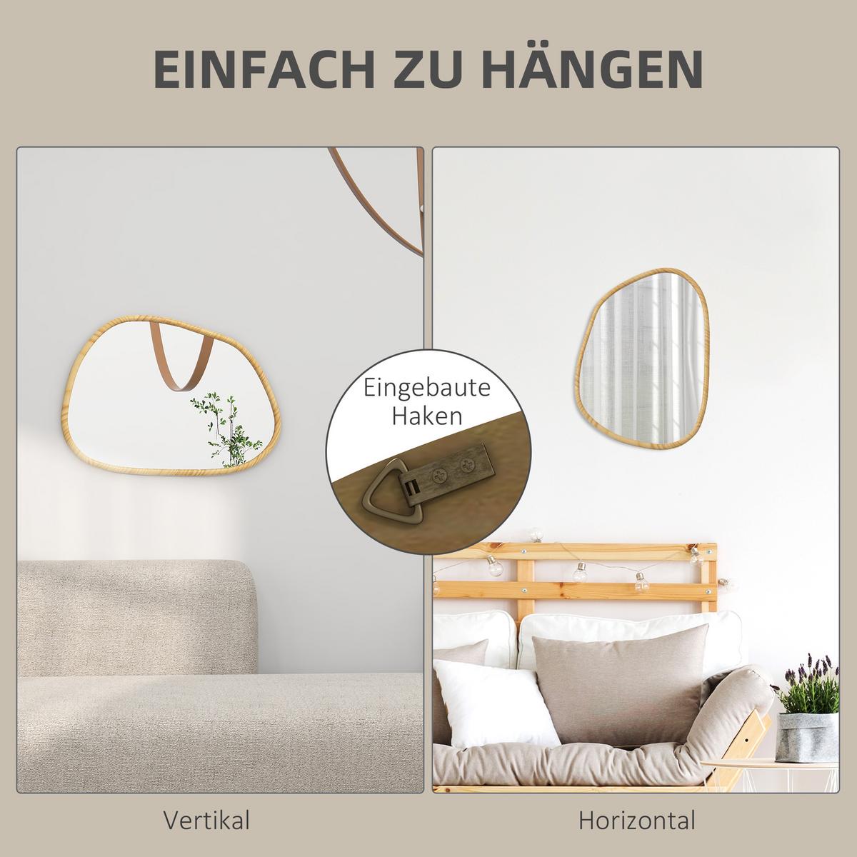 ASYMMETRISCH Wandspiegel, 70 x 50 cm Badezimmerspiegel mit Holzrahmen für Bad - Naturfarben, Glas (2.1/50/70cm) - HOMCOM