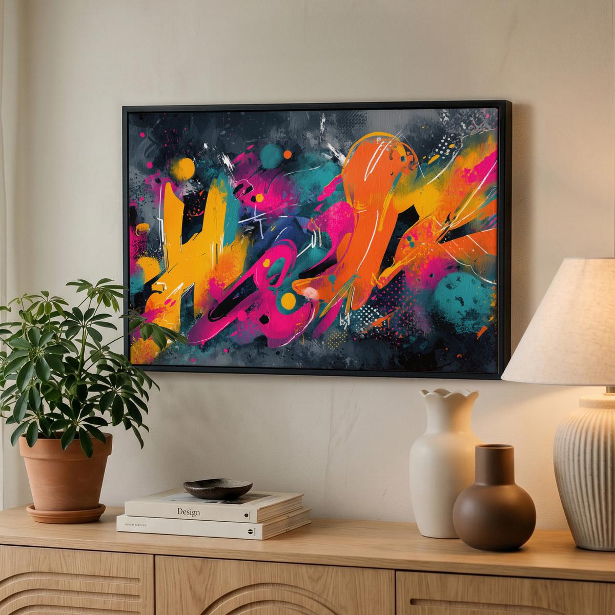 LEINWAND Bilder mit Rahmen - Abstrakt - Graffiti - Farbenfroh - Farbspritzer - 60x40 - Multicolor, Textil (60/40cm) - MuchoWow