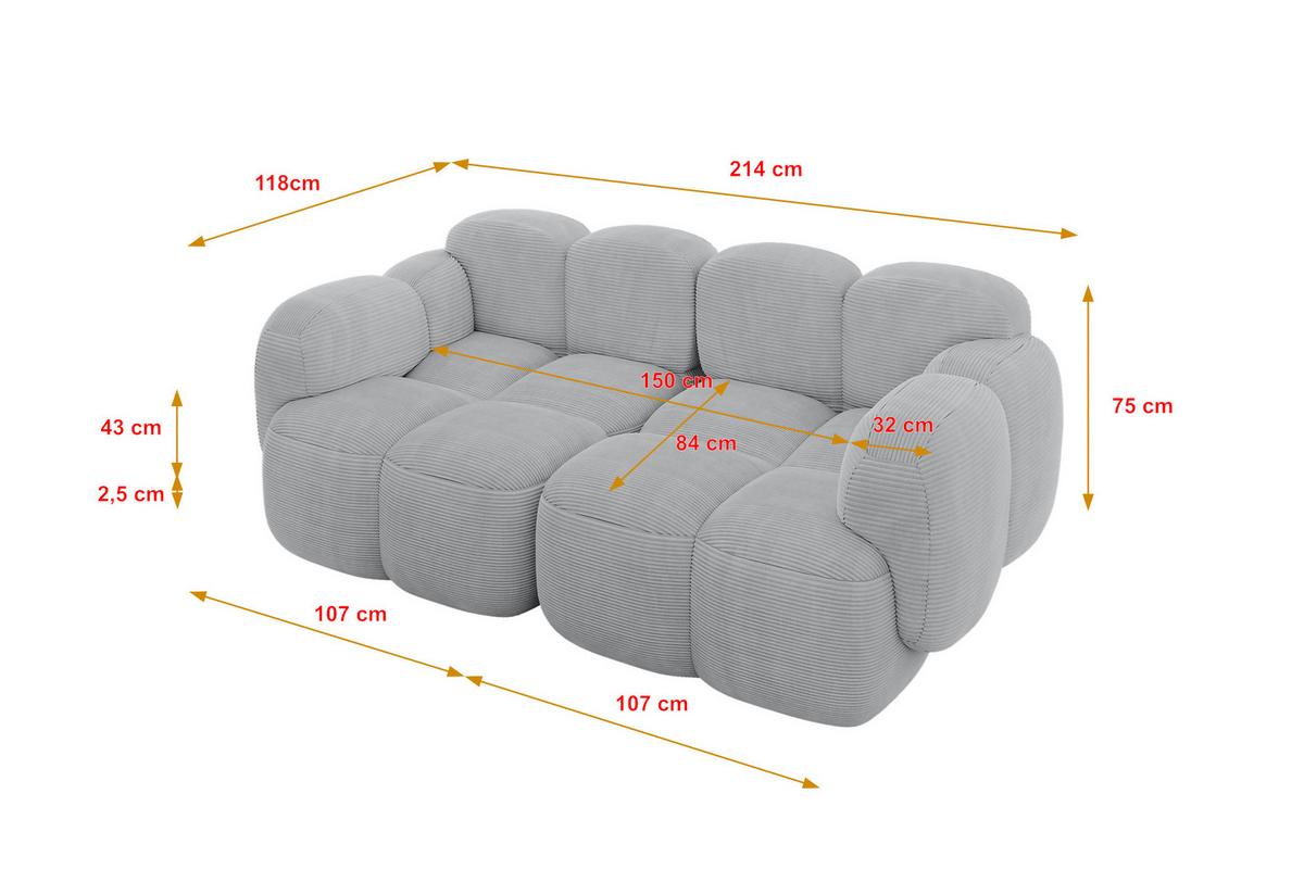 2-SITZER modulares Sofa Miko-S1 214x118x75 cm Grau Cord - Anthrazit/Schwarz, Holzwerkstoff/Kunststoff (214/75/118cm) - ALTDECOR