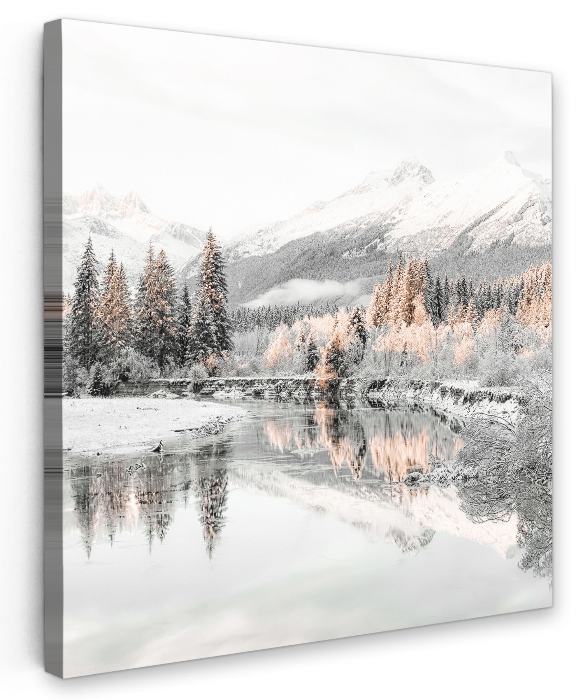 LEINWANDBILD Natur - Winter - Bäume - Berge - Schnee Deko Groß 90x90 cm - Weiß Hochglanz, Textil (90/90cm) - MuchoWow