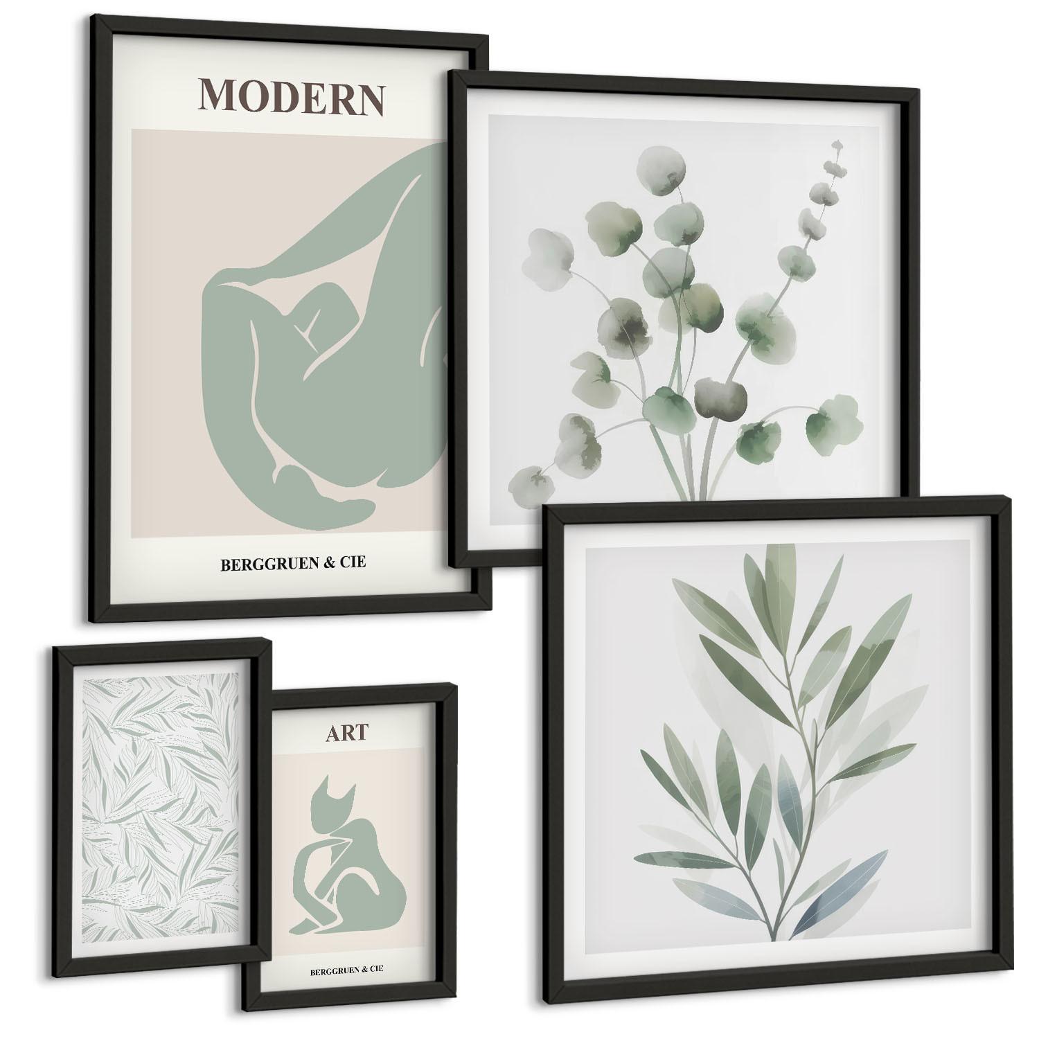 BILDER SET 5er Set - 50x50 cm & 20x30 cm & 40x60 cm Schwarzer Rahmen - Pflanzenmotive, zartes Grün - Schwarz, Kunststoff (40/60cm) - TULUP