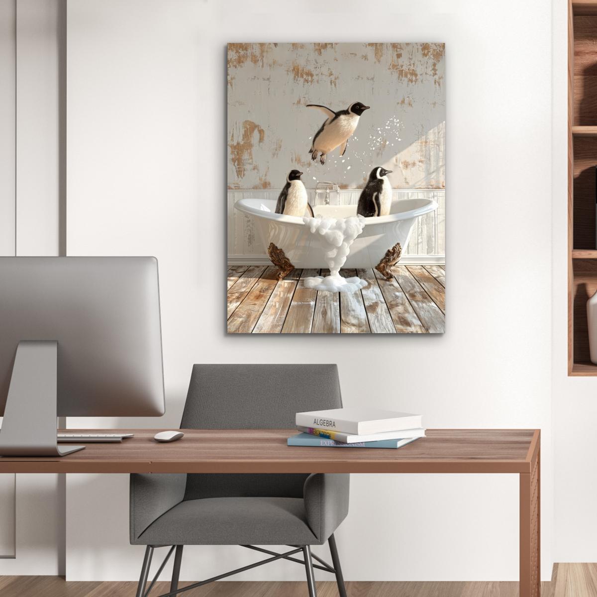 METALLBILD Vintage - Pinguin - Badewanne - Schaumstoff 60x80 cm - Schwarz, Metall (60/80cm) - MuchoWow