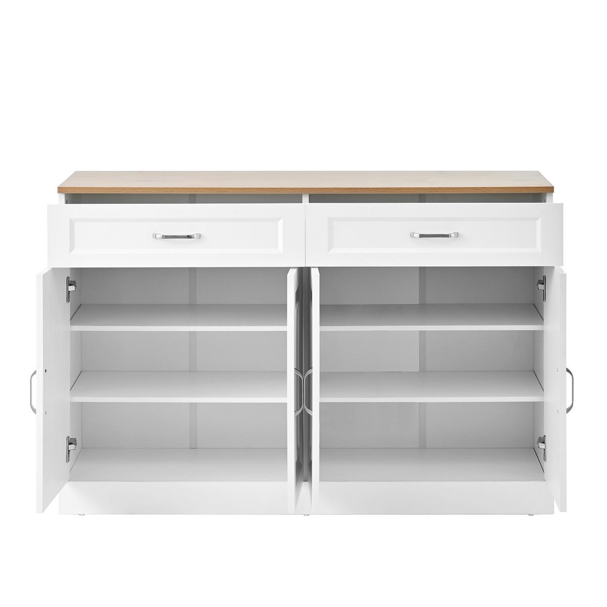 SIDEBOARD mit Regalen und Rebounder 4 Türen, 2 Schubladen, verstellbare Einlegeböden Natürliche Holzmaserung und Weiß - Weiß, Holzwerkstoff (120/81/35cm) - Urban Meuble