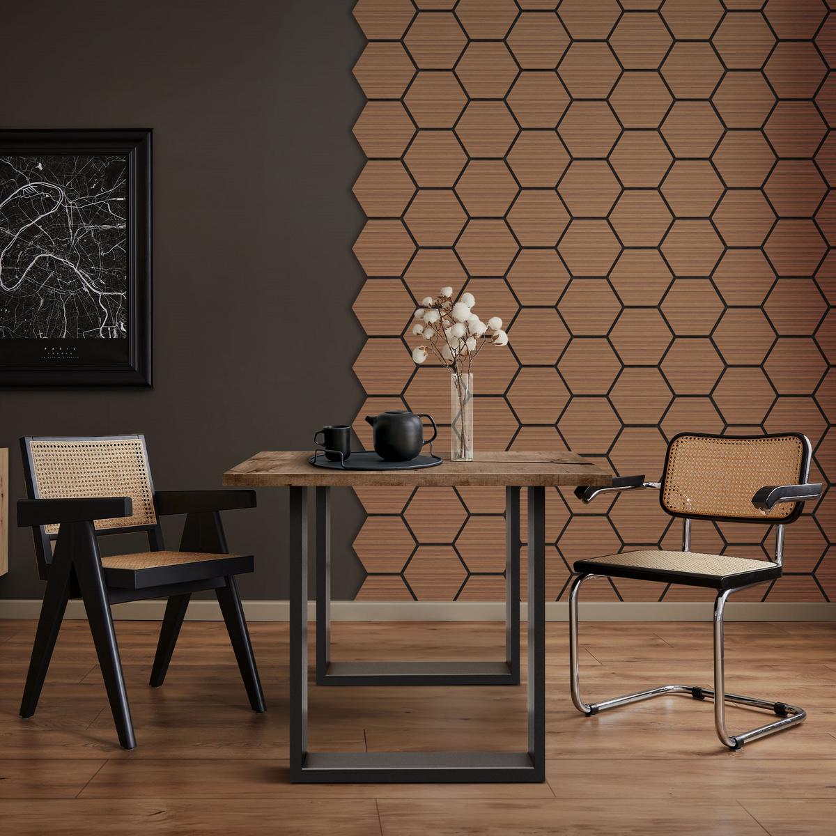AKUSTIKPANEEL 2er Set Schallschutzplatten Hexagon Teak Holzoptik 66x81x2 cm aus Filz - Dunkelbraun, Holzwerkstoff (2.1/81.1/66.6cm) - ML-DESIGN