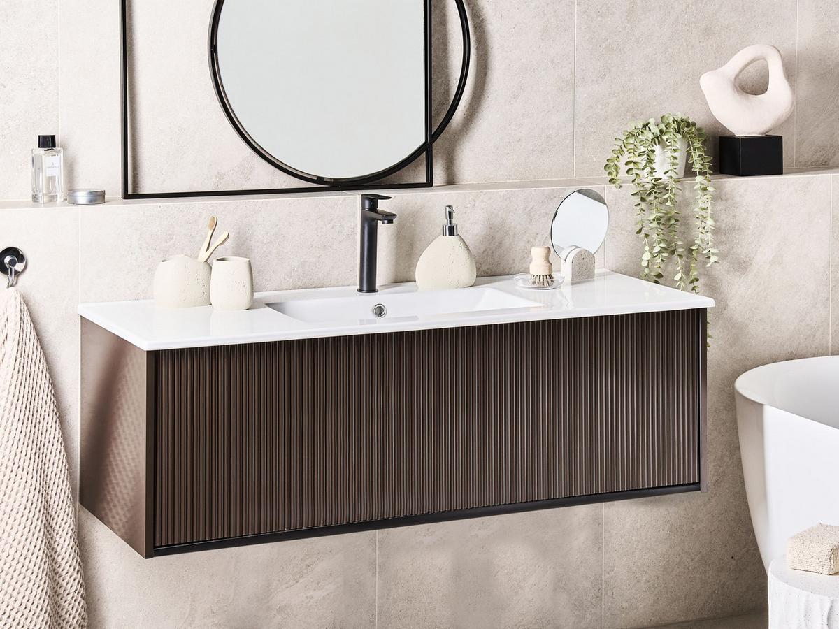 WASCHBECKENUNTERSCHRANK wandmontiertk mit Waschbecken Braun Madidi - Braun, Holzwerkstoff (120/38/45cm) - Beliani