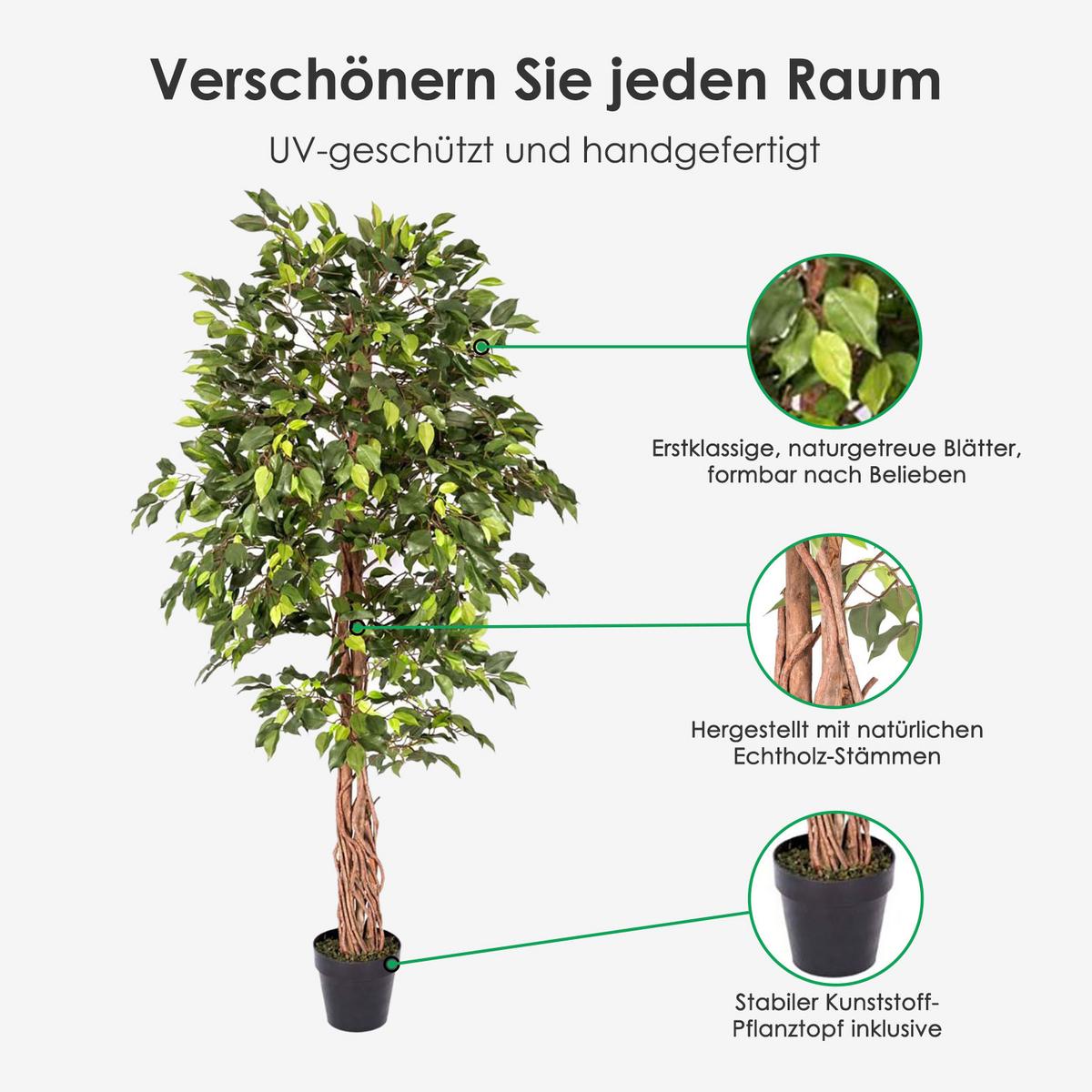 KUNSTBAUM Ficus benjamini, 180 cm - Grün, Kunststoff (180cm) - Homescapes