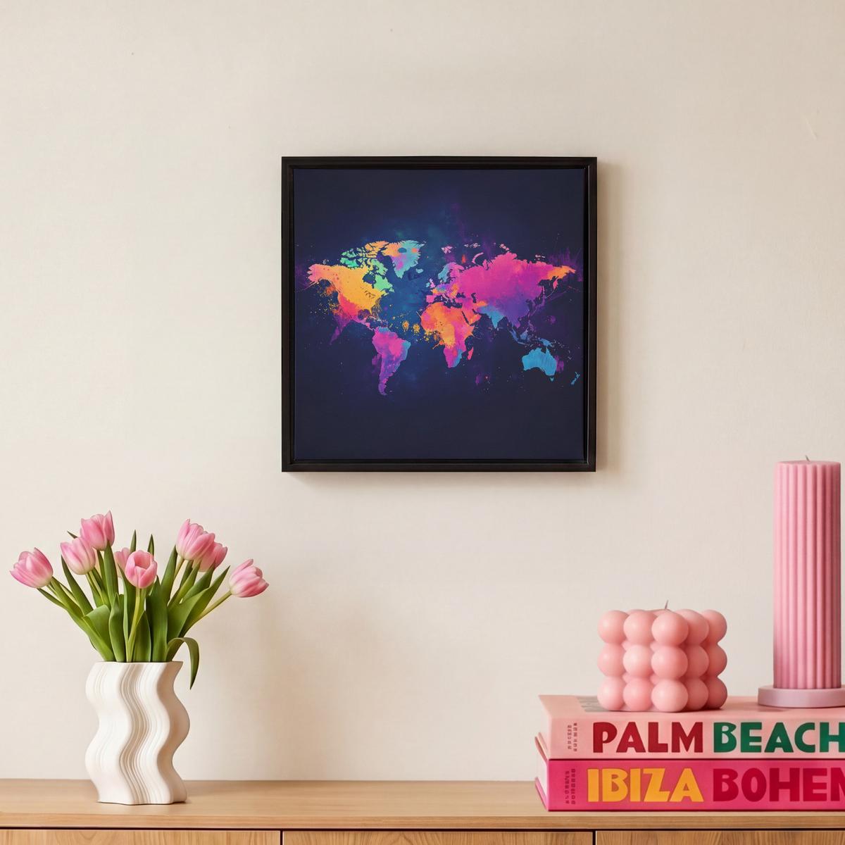LEINWAND Bilder mit Rahmen - Weltkarte - Bunt - Graffiti - 20x20 - Multicolor, Textil (20/20cm) - MuchoWow