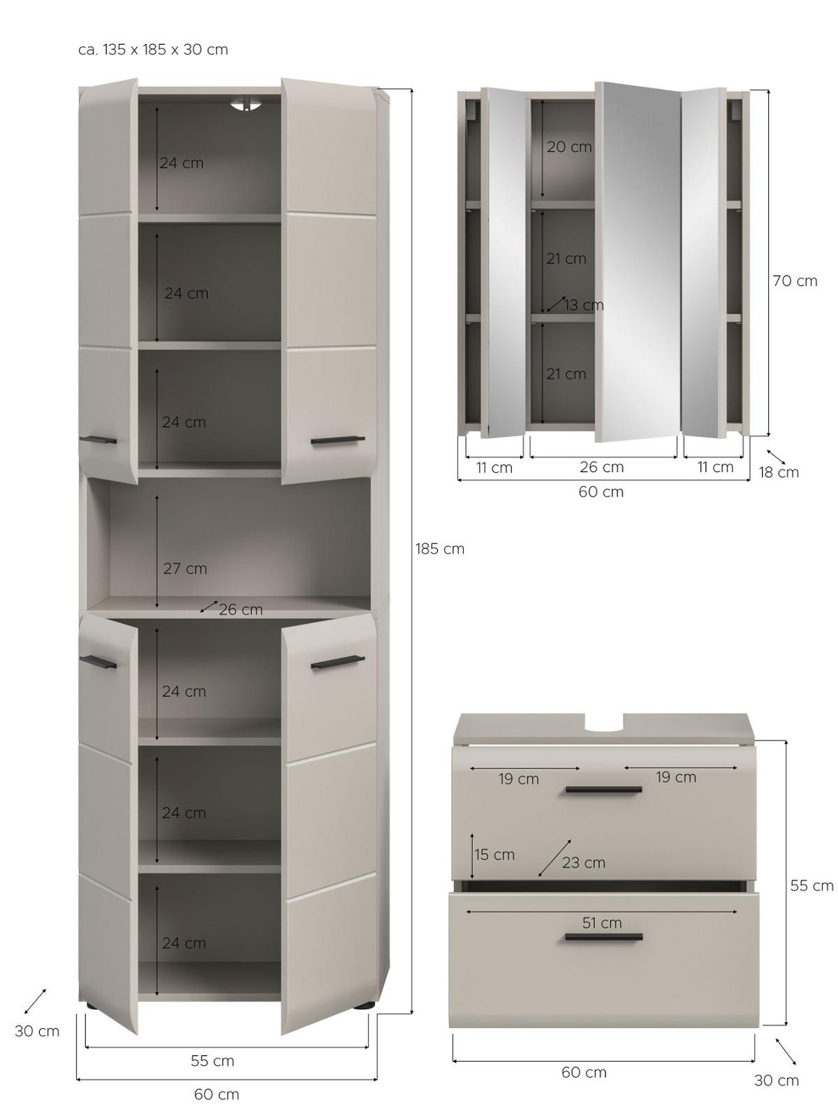 BADMÖBEL-SET Kaschmir 3-teilig 135 cm, Komplettset mit XL Hochschrank - Kaschmir/Schwarz, Glas/Holzwerkstoff (135/185/30cm) - Inn.Furn