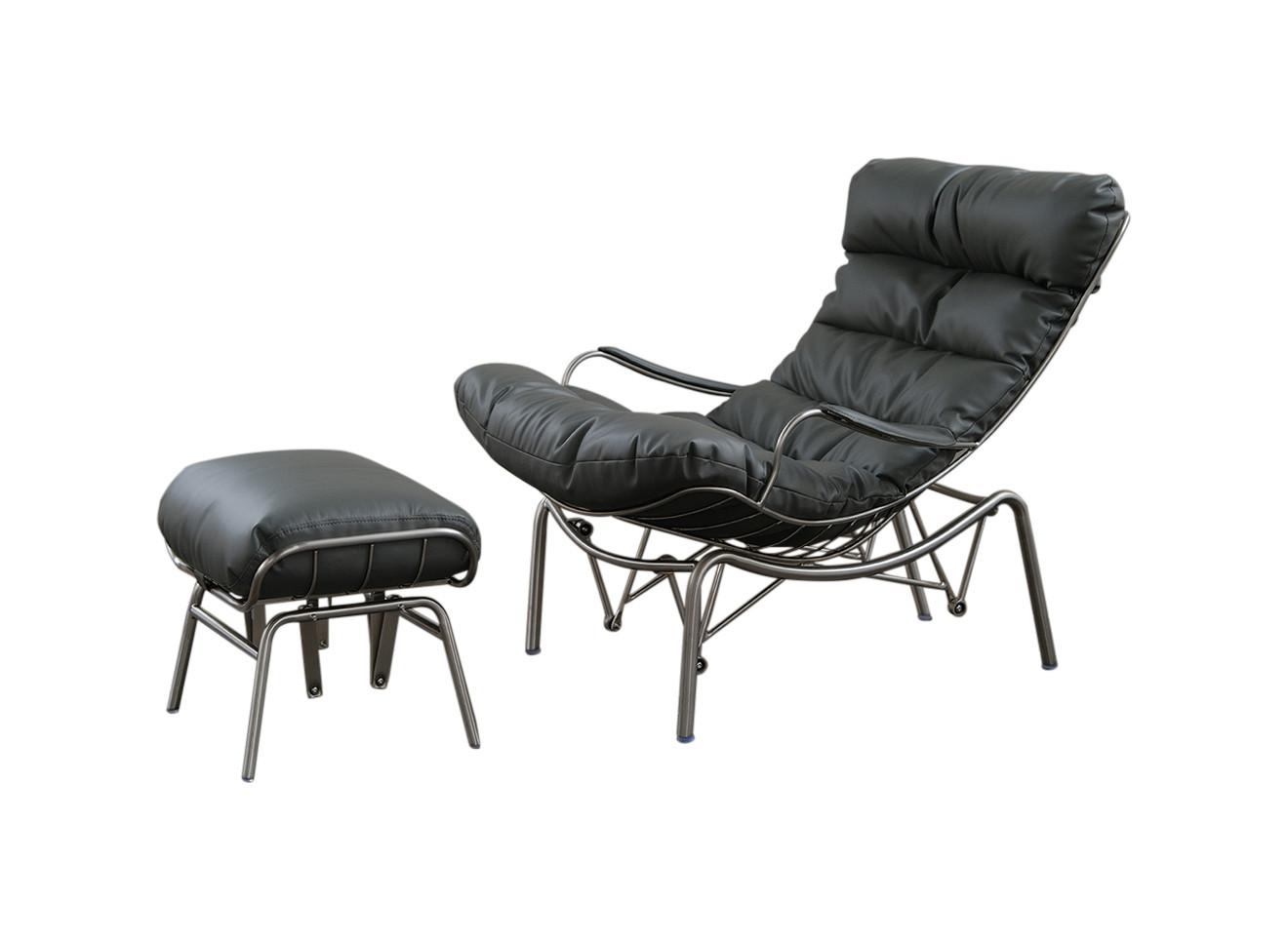 SESSEL MIT HOCKER ROWA Grau Leder - Silberfarben/Grau, Leder/Metall (77/88/103cm) - KAWOLA