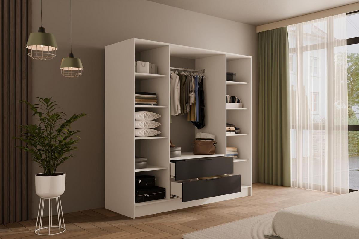 KLEIDERSCHRANK mit Spiegel und Flügeltüren KOLIN 200x200cm Weiß / Schwarz - Schwarz/Weiß, Holzwerkstoff (200/200/51cm) - ALTDECOR