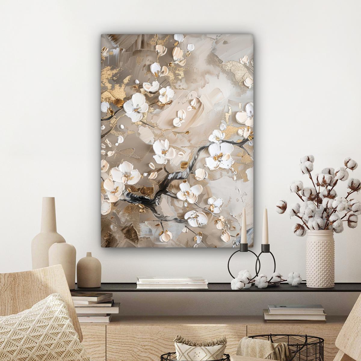 LEINWANDBILD Blumen - Weiß - Gold - Beige - Luxus Wandbild Wohnzimmer 60x80 cm - Greige, Textil (60/80cm) - MuchoWow