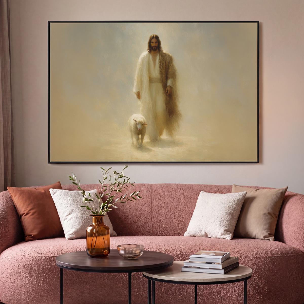 LEINWAND Bilder mit Rahmen - Schaf - Jesus - Pinselstriche - Abstrakt - 120x80 - Beige, Textil (120/80cm) - MuchoWow