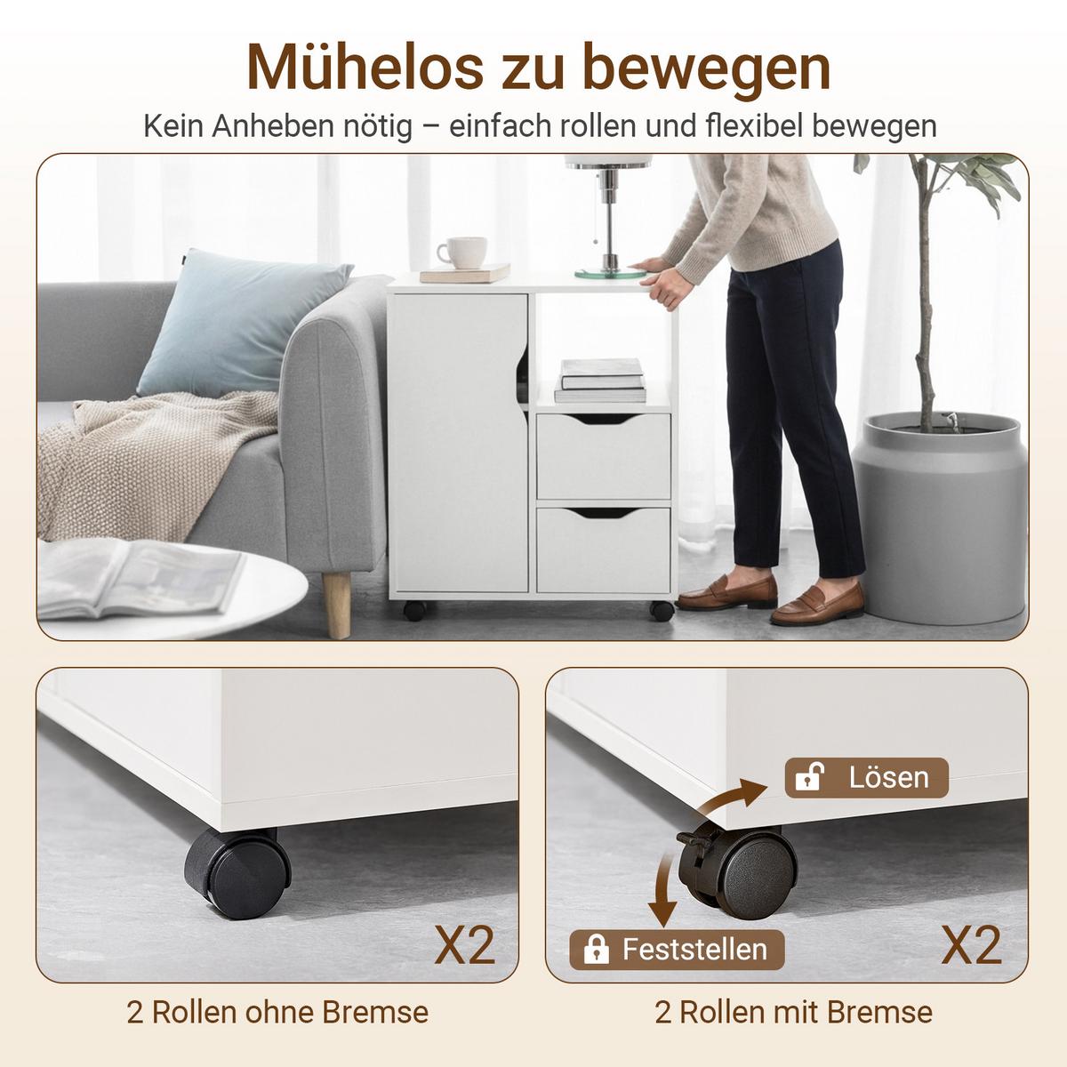 ROLLCONTAINER, Druckerschrank auf Rollen, 60x70x35 cm, weiß, 2 Schubladen, Türfach und offenes Fach, für Büro, Homeoffice & 3D-Drucker - Weiß, Holzwerkstoff (60/70/35cm) - SoBuy