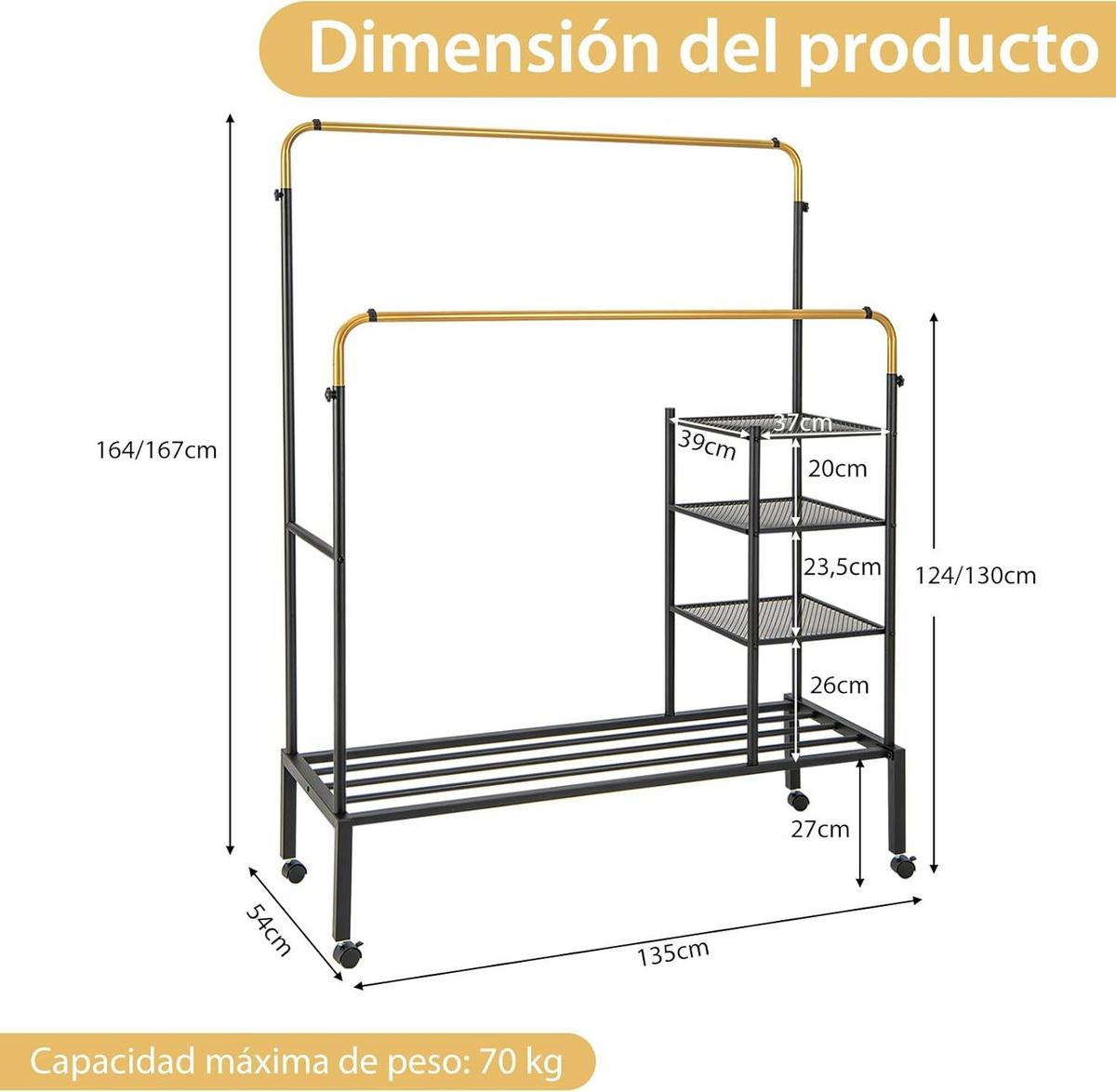 KLEIDERSTÄNDER 170cm Schwarz - Schwarz, Metall (135/170/54cm) - COSTWAY