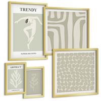 BILDER SET 5er Set - 50x50 cm & 20x30 cm & 40x60 cm Goldrahmen - Pflanzen- und geometrische Muster - Goldfarben, Kunststoff (40/60cm) - TULUP
