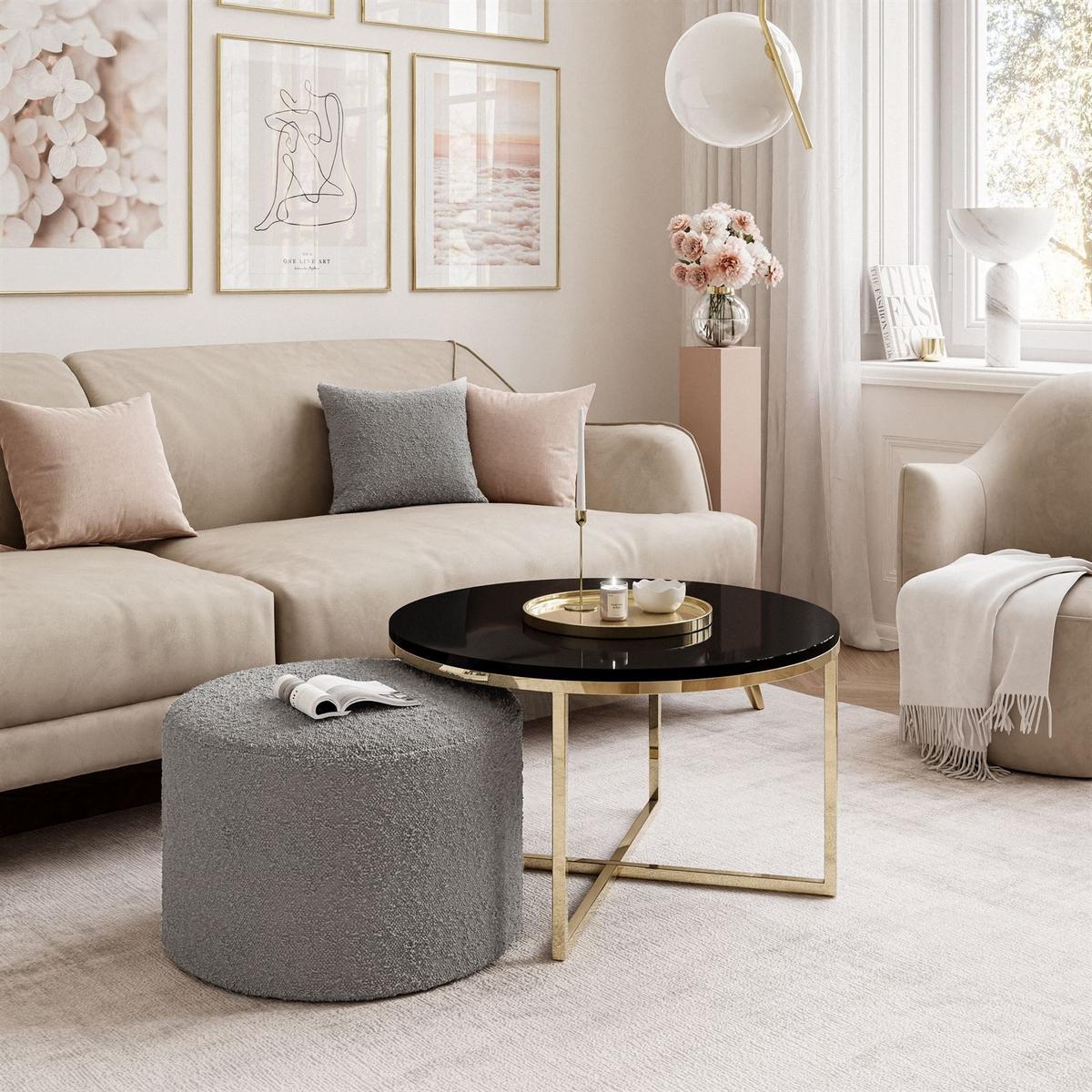 COUCHTISCH CIRI-X mit Hocker Gold Chrom|Schwarz Hochglanz|Ascot taupe - Schwarz Hochglanz/Goldfarben, Holzwerkstoff/Textil (70/70/46cm) - Lookway