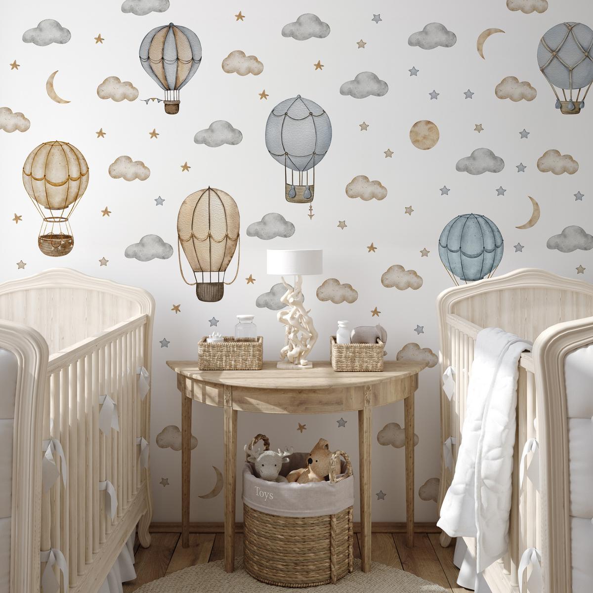 WANDAUFKLEBER SET Luftballons Wolken Sterne Boho Stil 120x60 - Beige/Braun, Papier (120/60/1cm) - Muralo