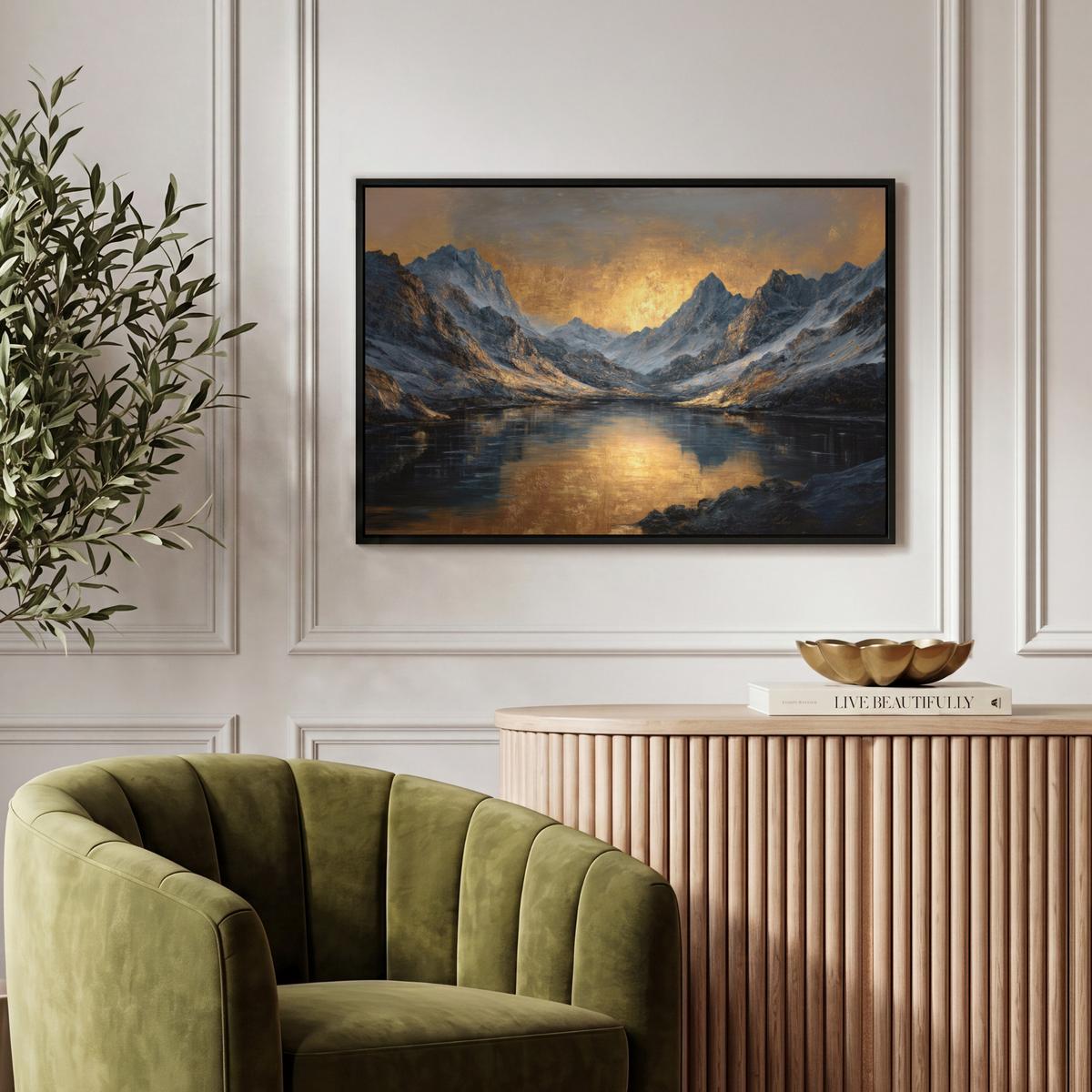 LEINWAND Bilder mit Rahmen - Bergkulisse mit goldenem Sonnenuntergang - 60x40 - Goldfarben, Textil (60/40cm) - MuchoWow