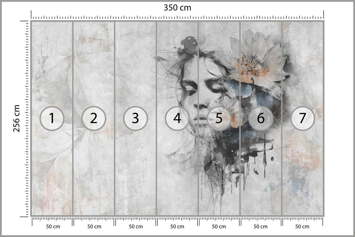 FOTOTAPETE für Wohnzimmer Gesicht Frau Grau Betonwand Blumen 350x256 - Grau, Papier (350/256cm) - Muralo