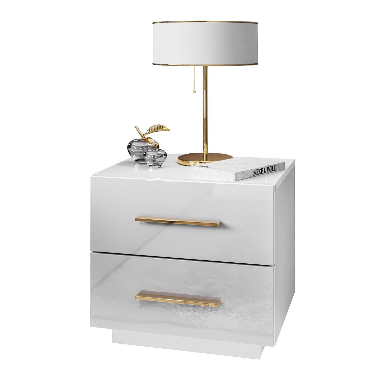 NACHTTISCH LINA LUX mit Griffen und Hochglanzplatte, LED – Griffe: Gold-Chrom - Weiß, Holzwerkstoff (45/48/38.5cm) - Lookway